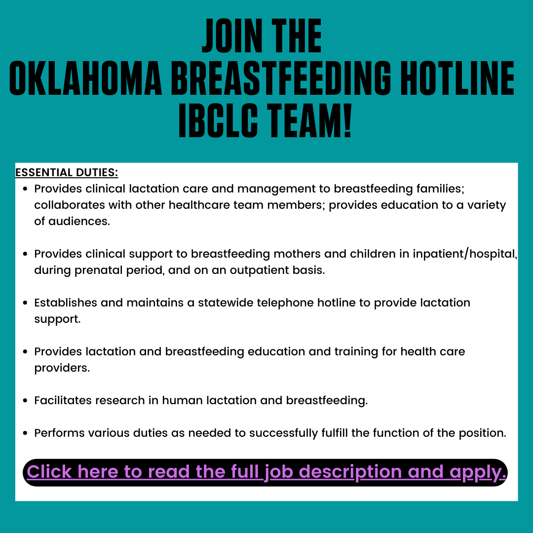 the oklahoma breastfeeding hotline is seeking ibclcs to join our team